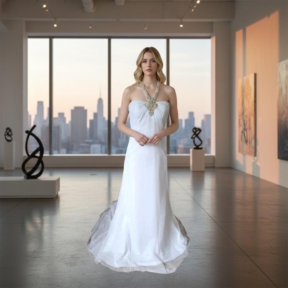 DaVinci Wedding Dress 6 White Chiffon Gold Bling Beaded Halter Neckline Zip NWT